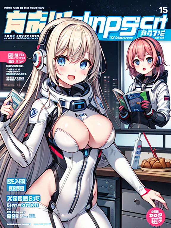 top-quality、Magazine Viewing、magazine title、fashion magazine、masuter piece、covers、2girls、(White spacesuit)、(a blond):1.5、(Futuristic, tight-fitting bodysuit)、head phone、Cyberpunk spaceship interior background、masterpiece、top-quality、