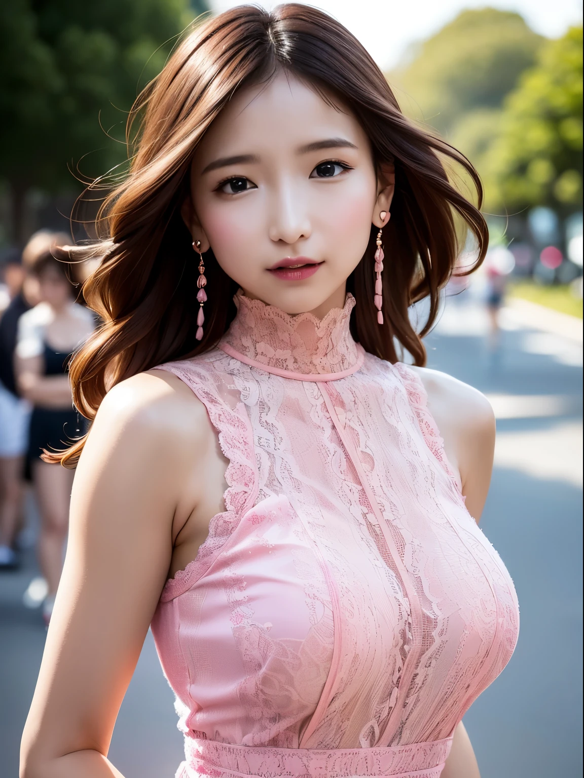 a woman posing on the street corner with pink dress on, best quality, high res, 8k, 1girl, (huge breasts), day, bright, outdoor, (street:0.8), (people, crowds:1), (lace-trimmed dress:1.5, pink clothes:1.5, pink high-neck dress:1.5, sleeveless dress, pink dress: 1.5), gorgeous, (medium hair), beautiful detailed sky, beautiful earrings, (dynamic pose:0.8), (upper body:1.2), soft lighting, wind, shiny skin, looking at viewer,