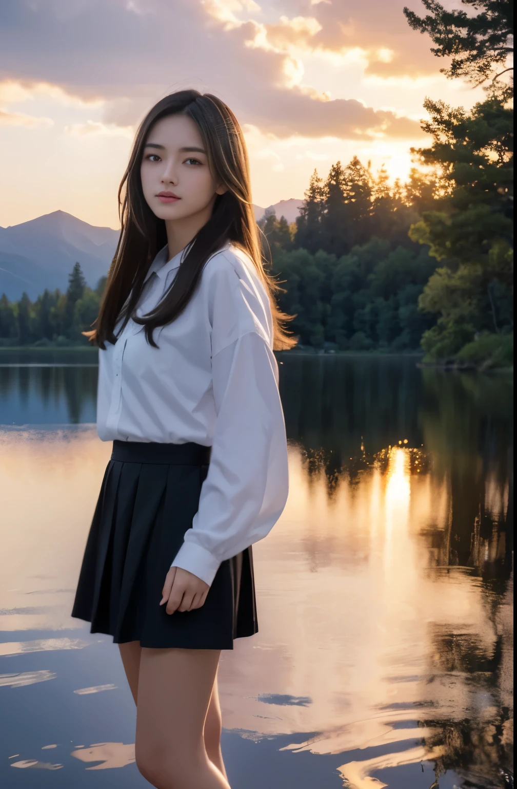 (masutepiece:1.1), (Best Quality:1.1), (intricate detailes:1.09), (hyperdetails:1.09), highly detailed symmetrical eyes,  reflection,1girl in,cloud,skyporn,Outdoors,Scenery,Solo,tree,Skirt,Long hair,cloudy skyporn,Nature,Brown hair,serafuku,black Skirt,white Shirt,Standing,lake,Shirt,reflective water,Sunset,mont,Detailed eyes, Detailed iris, Detailed skin texture, hyper realisitic, (Specular lighting:1.1), Ray tracing