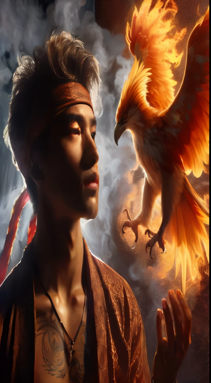 ((Perfectly insane textured)), ((Perfect proportional object arcithecture)), ((Perfect photo)), ((Super ekstremely detiled)), ((best quality)), ((masterpiece)), (bright face), arafed man with a bird on his head and a smokey background, ross tran and michael whelan, phoenix warrior, marco the phoenix, ross tran and bayard wu, inspired by Rudy Siswanto, ross tran 8 k, edgar maxence and ross tran, phoenix rising, wlop and ross tran, fiery bird, phoenix-inspired