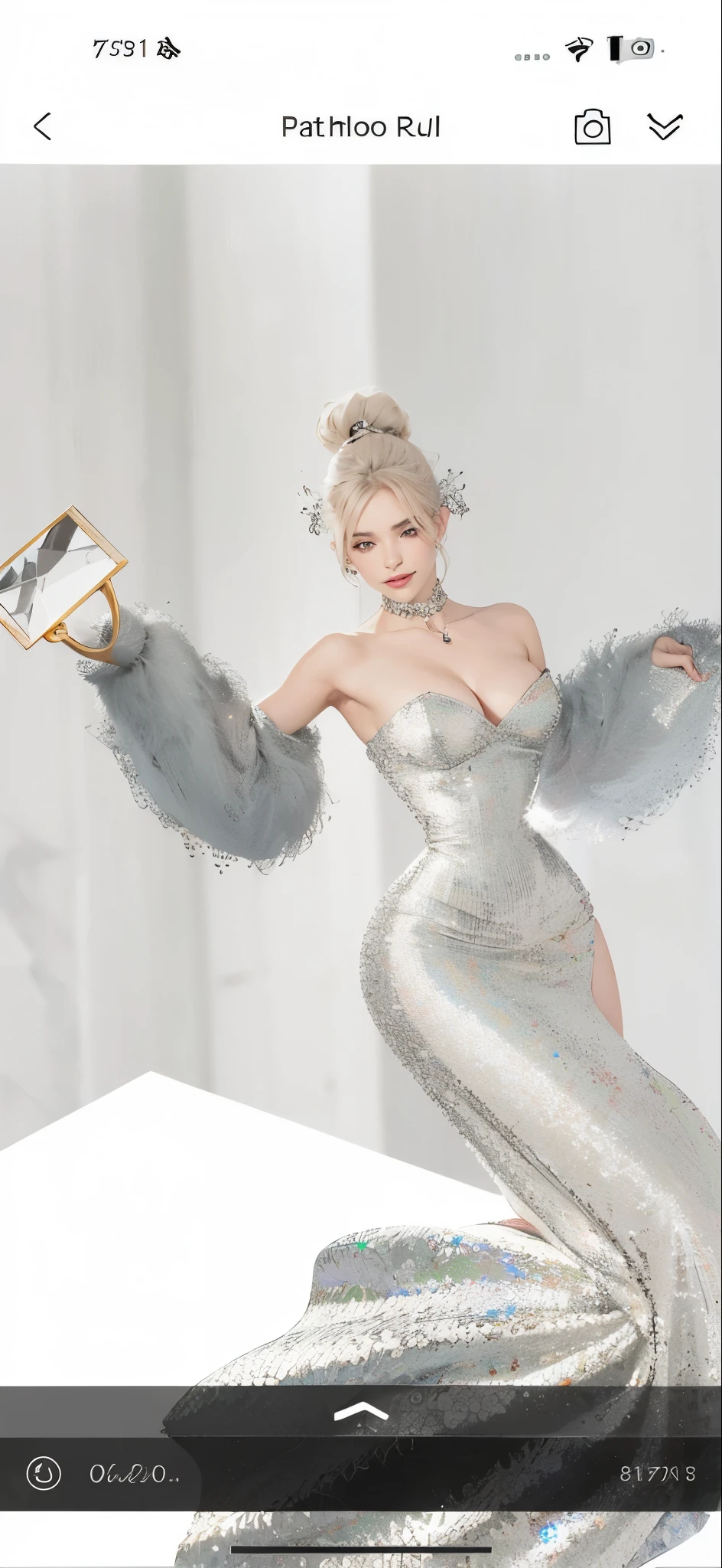 Hermosa piel detallada, cuerpo detallado , pechos grandes, vestido de gala plateado