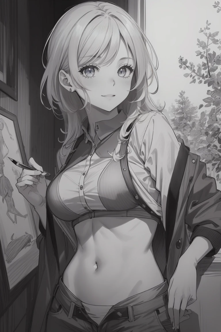 (master part, Qualidade Superior: 1.2), ultra-detalhado, Cinematic lighting, HDR, esquete, Retrato no meio do desenho, esquete, ((((detailed pencil drawing)))), Uma mulher bonita, parte superior do corpo, 25 anos, corpo magro, sorriso bonito, impressionante, Margens, inspiration, Dynamic angle,