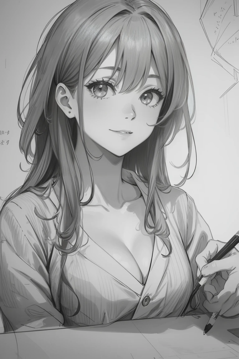 (master part, Qualidade Superior: 1.2), ultra-detalhado, Cinematic lighting, HDR, esquete, Retrato no meio do desenho, esquete, ((((detailed pencil drawing)))), Uma mulher bonita, parte superior do corpo, 25 anos, corpo magro, sorriso bonito, impressionante, Margens, inspiration, Dynamic angle,