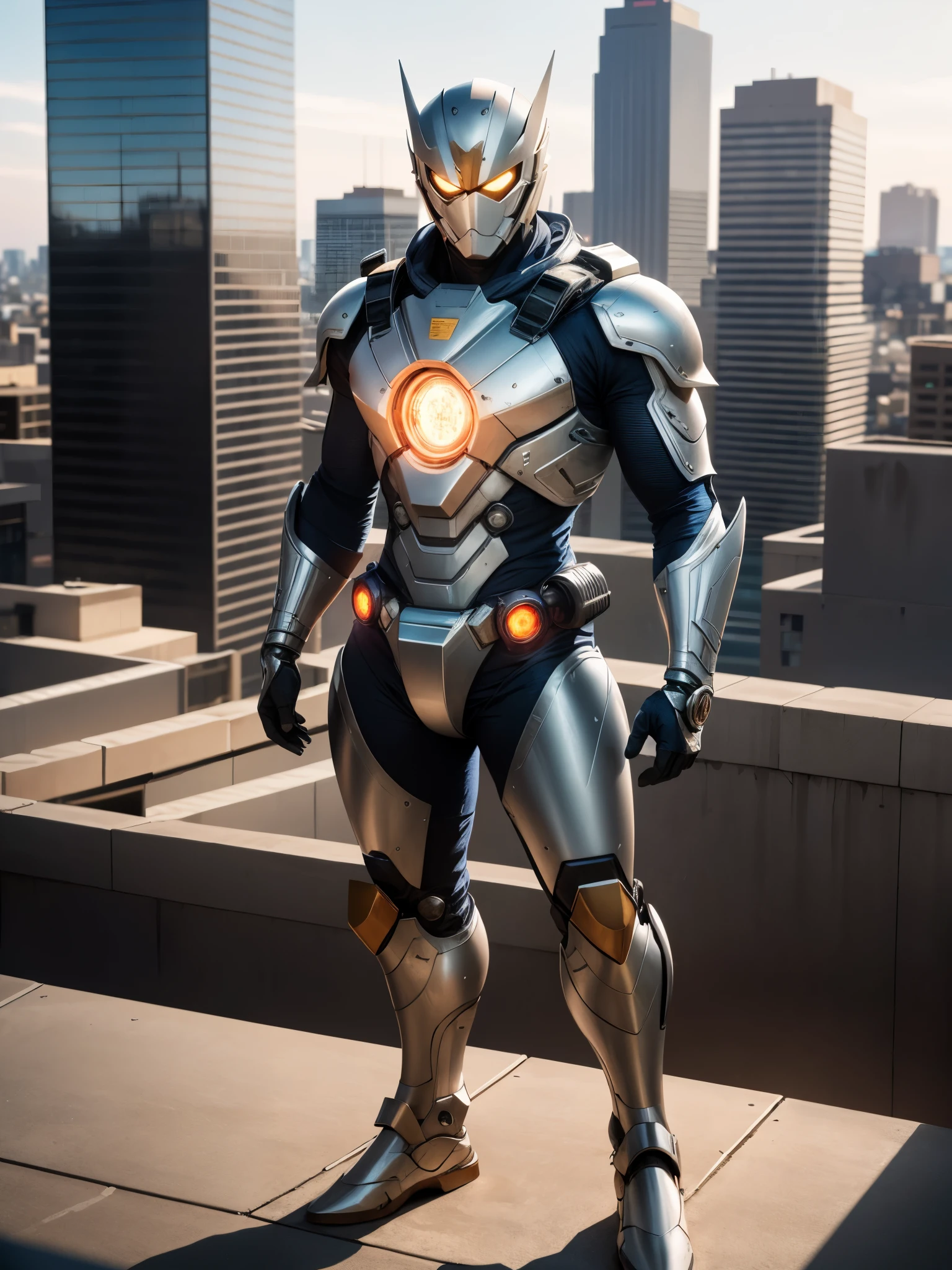 A superhero, a high-tech biotech battle suit, standing on a rooftop, looking over the city, Japanese tokusatsu and American comic style, biometallic texture of the suit, sleek and shiny, dynamic, metallic, sophisticated design, high definition, best quality, highres, ultra-detailed, ultra-fine painting, exquisite and mature, extremely delicate, professional, anatomically correct, creativity, UHD, HDR, 32k, Natural light, cinematic lighting, best shadow, masterpiece-anatomy-perfect, masterpiece