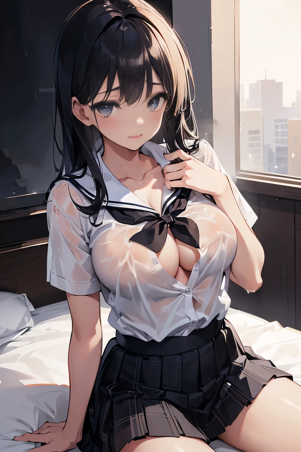 (((school uniform))), white shirt, see-through, short sleeves, mini skirt, Black plaid skirt, (undressing), (all open buttons shirt), (Half-naked), breast cleavage, Authentic shiny skin texture, Soaked skin, radiant skin,


   bed, bed room, (Sit on the bed), (((((night))))), (((((darkened room))))), one girl, black hair, medium breasts, thighs,  verge of tears, (swet), (wet skin), (wet clothes), ((erotic)), ((sensual)), (simple background), (Close-up of a girl), cinematic lighting, beautiful detailed girl, beautiful detailed glow, 4K illustration, masterpiece, best quality, by top artist, by famous artist, by plo artist,