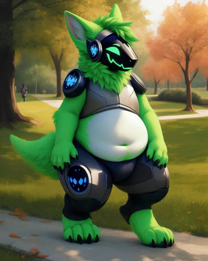 protogen, anthro, male, green fur, chubby, smiling, outdoors, in park