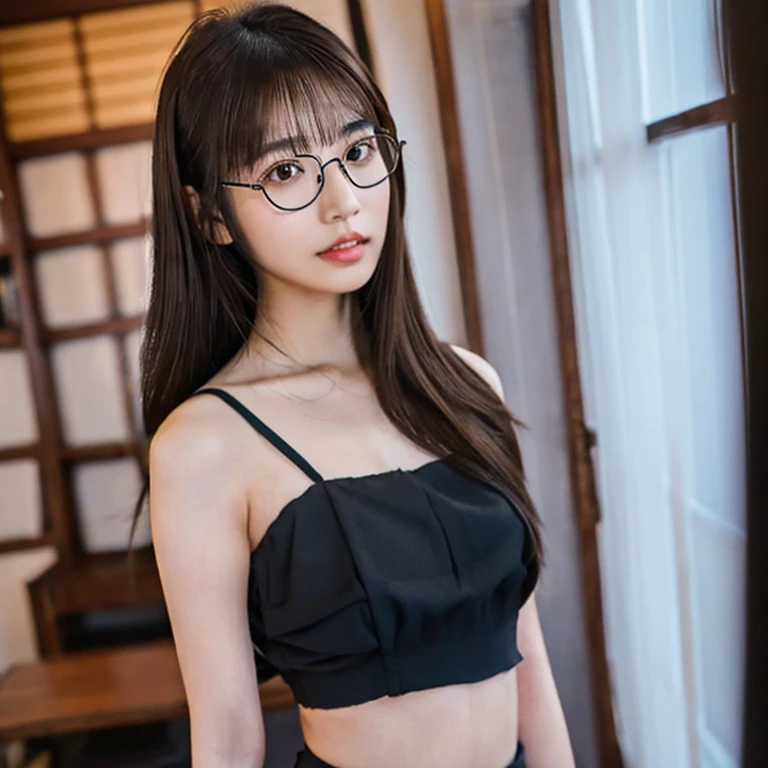 22-year-old Japanese woman, shoulder-length long shoulder-length hair with a slight brownish tinge, long, slender eyes, narrow black rimmed glasses eyebrows, thin lips, bust 80 cm, B cup waist 55 cm, hips 82 cm.