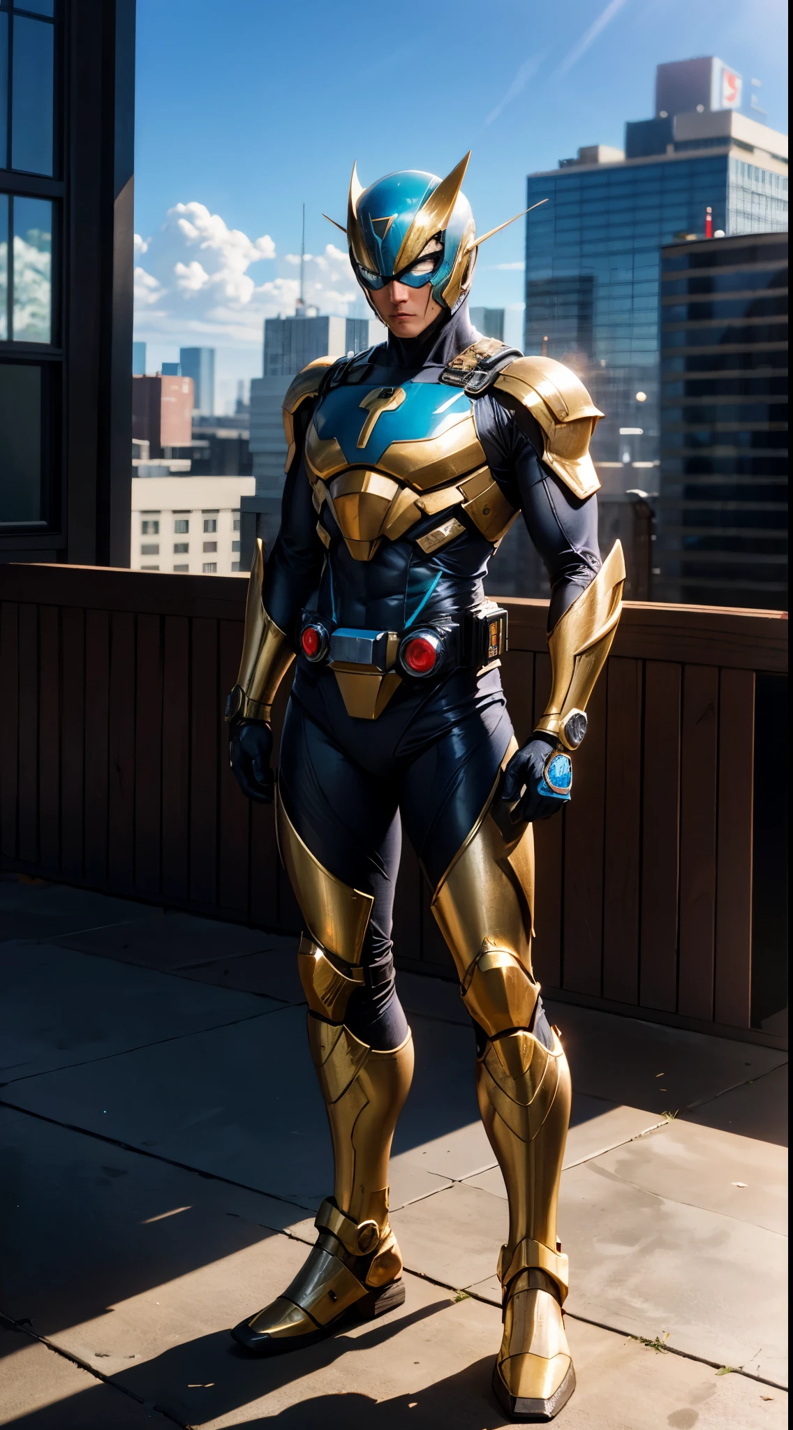 A superhero, a high-tech biotech battle suit, standing on a rooftop, looking over the city, Japanese tokusatsu and American comic style, biometallic texture of the suit, sleek and shiny, dynamic, metallic, sophisticated design, high definition, best quality, highres, ultra-detailed, ultra-fine painting, exquisite and mature, extremely delicate, professional, anatomically correct, creativity, UHD, HDR, 32k, Natural light, cinematic lighting, best shadow, masterpiece-anatomy-perfect, masterpiece
