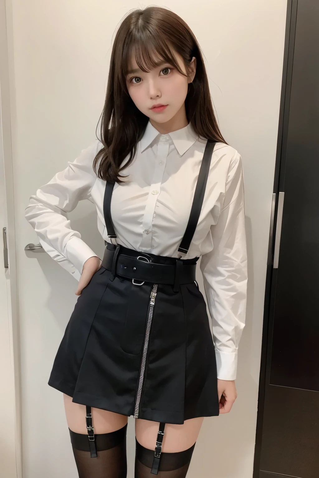 Brown hair、watching at viewers suspenders big breasts Black miniskirt garterbelts knee high socks Gaze Small face bangss Beautuful Women Gaze Black boots Armpit sweat soio Fold your hands behind your back Belt Cutter Shirt teats
