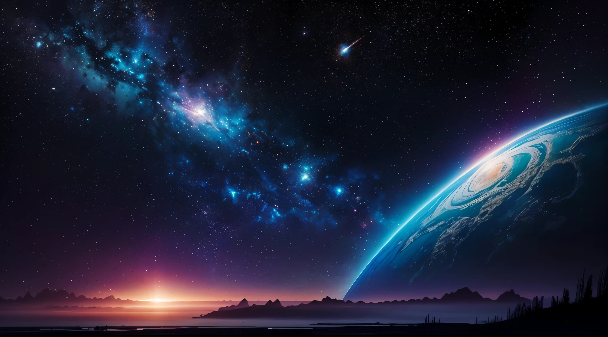 masterpiece, highest quality, (very detailed), the most beautiful artwork in the world, (1woman), pinup model, sexy, micro bikini, floating in space, 1planet, stars, (vivid colors), nebula, space dust, sci fi, space