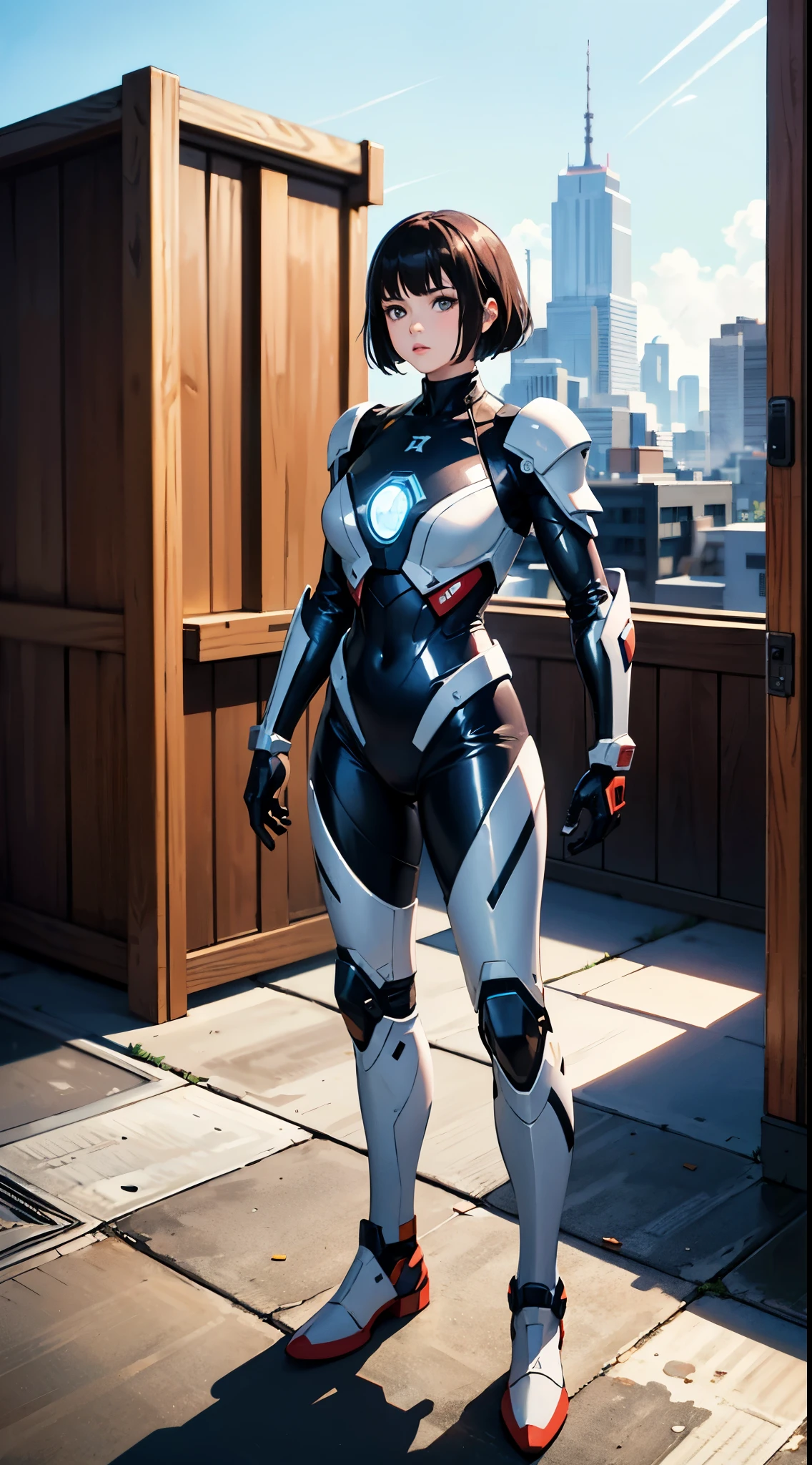 A superhero, a high-tech biotech battle suit, standing on a rooftop, looking over the city, Japanese tokusatsu and American comic style, biometallic texture of the suit, sleek and shiny, dynamic, metallic, sophisticated design, high definition, best quality, highres, ultra-detailed, ultra-fine painting, exquisite and mature, extremely delicate, professional, anatomically correct, creativity, UHD, HDR, 32k, Natural light, cinematic lighting, best shadow, masterpiece-anatomy-perfect, masterpiece
