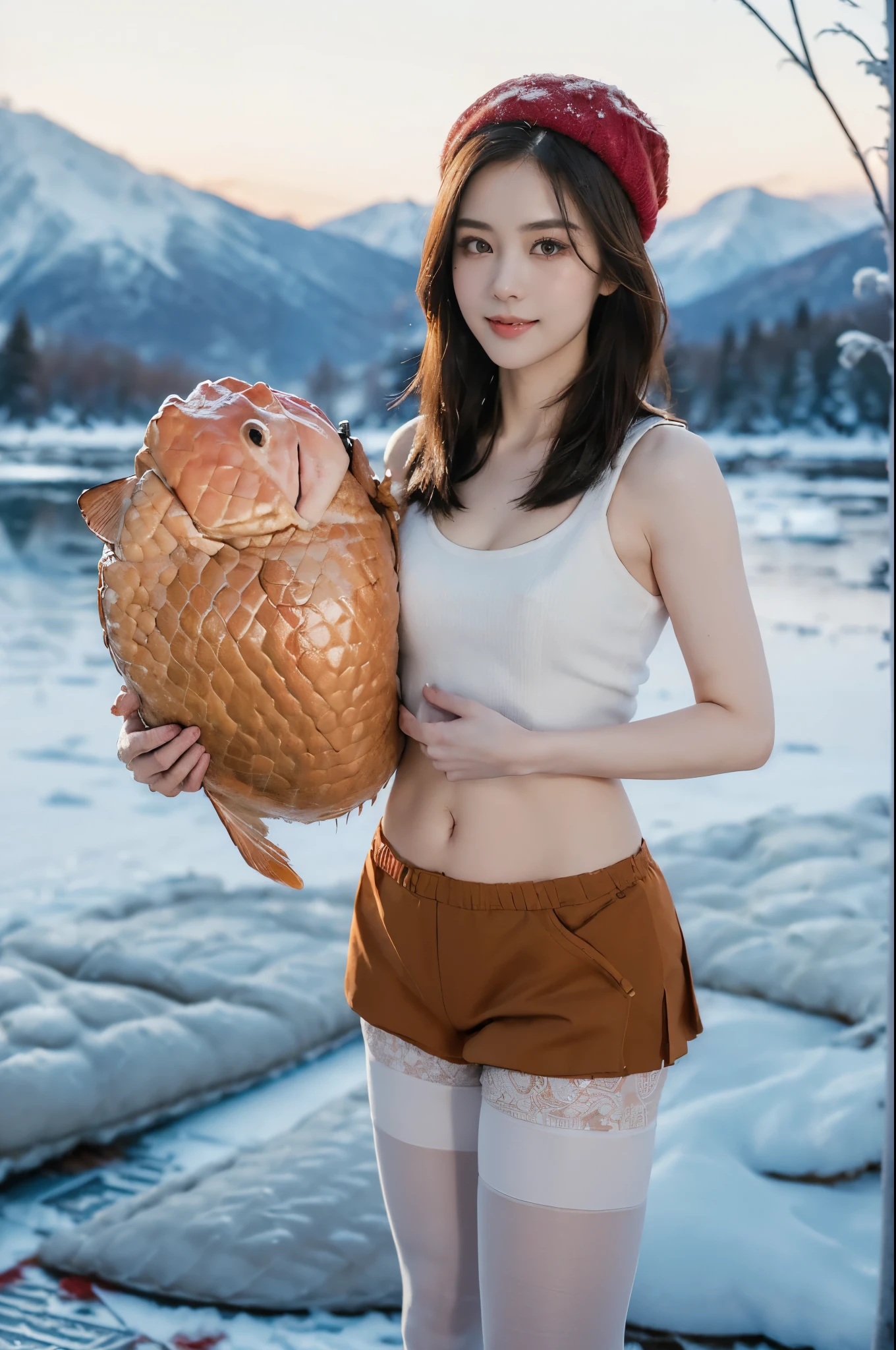 ((((8k))),((Extremely meticulous CG)) ,(wallpaper),16k,((Extremely refined and beautiful))，(((Masterpiece))),(((best qualtiy))),(((Ultra High Resolution))),beautiful light up,Perfect lightning,realistic shaded,[A high resolution],(Smooth and flawless fair skin:1.5),(pale skin:1.3),Extremely exquisite facial details,(perfect body：1.1),ultra - detailed,A beautiful girl,solo,small head,(shoulder length straight bob hair:1.1),(Hair fluttering:1.1),(Red winter hat),small face,Exquisite makeup,(small breasts:1.1),flat chests,slim,thin,happy,(Smile:1.2),(fur collar),(red puffy coat:1.3),(lace,see through,cleavage,navel),(underneath the coat was tank top:1.2),(pantyhose:1.3),(slender legs:1.2),(day scene:1.5),outdoor,(On the frozen lake surface:1.3),(The lake surface covered in  and snow),(detailed background:1.5),(Wilderness,forests,snow mountains),(sow scape:1.2),winter,(snowing:1.1),(standing:1.2),(upper body:1.2),(from front:1.2),BREAK,(Holding a huge carp in arms:1.3)