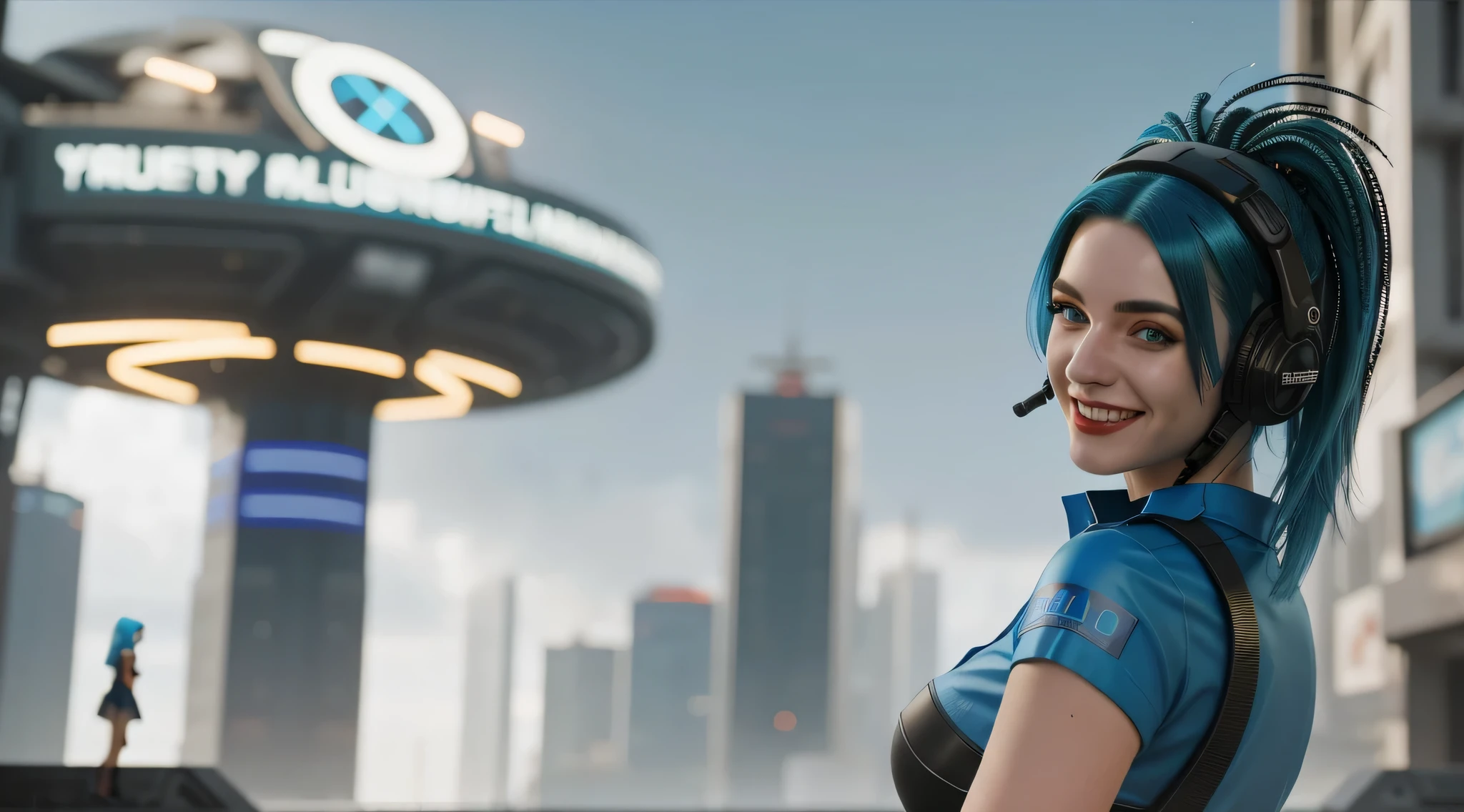 (8k, Foto RAW, highest qualityr), Obra maestra, chica con cabello azul y casco parada en una ciudad ciberpunk, sonriente, Camisa azul, falda roja, foto realista, mujer joven, mujer joven with green eyes, hermosa chica de ciudad, Arte Oficial, cyberpunk, Ilustraciones oficiales