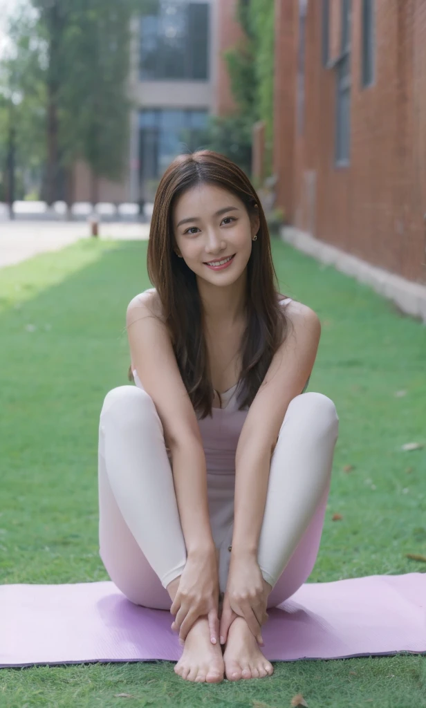 (On a table, Best quality at best, realistically, ultra - detailed, meticuloso, A high resolution, 8k wallpaper), Close-up portrait of a beautiful woman, Chariada, Smiling, light brown messy hair, Perfect dynamic composition, 美丽meticuloso的眼睛, Just like the cover of a fashion magazine, On campus
