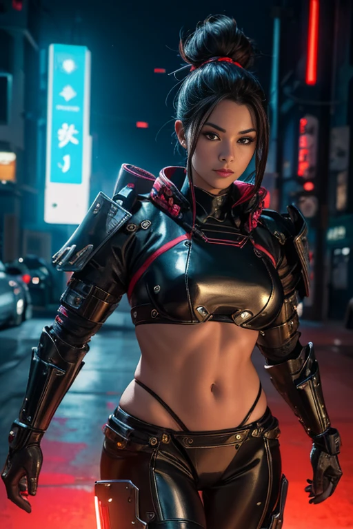 Pose sensual, Beautiful Alluring Cyberpunk Samurai, pele nua, Well-toned athletic body, forma elegante, pele nua, Fora no Neon Palace, mal vestido, Beautiful Face, Smaurai-inspired bikini armor, mechanical limbs, Robotic parts on display, pele cromada, shiny neon pieces, japanese theme, tema cyberpunk, fiverr dnd personagem, Octane rendering, arte digital, Detalhe extremo, 4k, Ultra HD |, polido, Beautiful, hiperdetalhado, intrincado, elaborar, meticuloso, fotorrealista, Sharp focus, WLOP, design de personagens, Motor irreal, Volumetric lighting, reflections, glossy, digital illustation, Posar, Suggestive Posar, lascivo, tiro de corpo inteiro, nu, Visible, detailed perfect hands