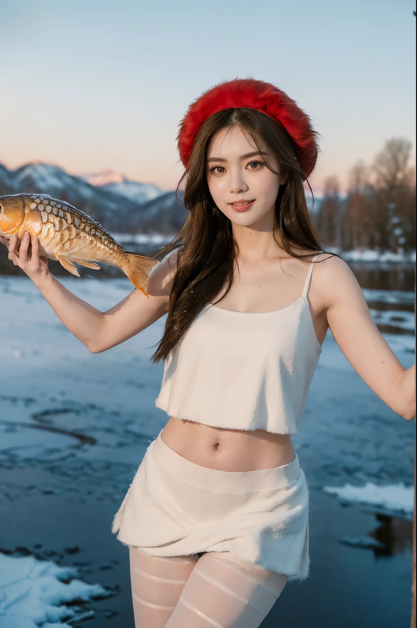 ((((8k))),((Extremely meticulous CG)) ,(wallpaper),16k,((Extremely refined and beautiful))，(((Masterpiece))),(((best qualtiy))),(((Ultra High Resolution))),beautiful light up,Perfect lightning,realistic shaded,[A high resolution],(Smooth and flawless fair skin:1.5),(pale skin:1.3),Extremely exquisite facial details,(perfect body：1.1),ultra - detailed,A beautiful girl,solo,small head,(shoulder length straight bob hair:1.1),(Hair fluttering:1.1),(Red winter hat),small face,Exquisite makeup,(small breasts:1.1),flat chests,slim,thin,happy,(Smile:1.2),(fur collar),(red puffy coat:1.3),(lace,see through,cleavage,navel),(underneath the coat was tank top:1.2),(pantyhose:1.3),(slender legs:1.2),(day scene:1.5),outdoor,(On the frozen lake surface:1.3),(The lake surface covered in  and snow),(detailed background:1.5),(Wilderness,forests,snow mountains),(sow scape:1.2),winter,(snowing:1.1),(standing:1.2),(upper body:1.2),(from front:1.2),BREAK,(Holding a huge carp in arms:1.3)