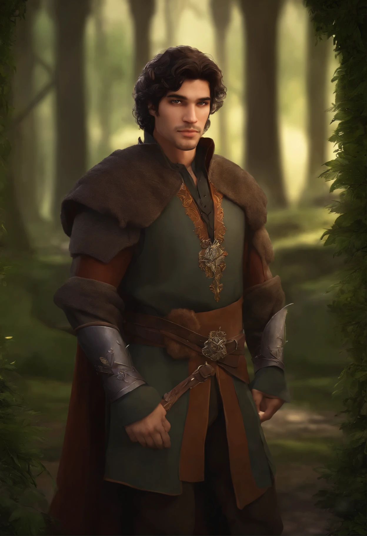 anime, 8k, stylized, medium olive complexion, hispanic, man around 24 years old, natural dark brown hair, fluffy hair, green eyes, no facial hair, smooth face, slightly chubby, prince, woodlands medieval setting, medieval fantasy clothing, portrait