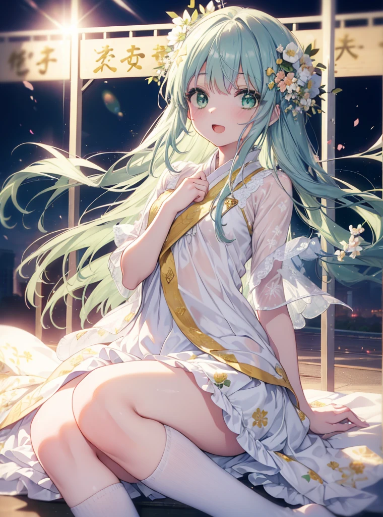 index, index, (Green eyes:1.5), Blue hair, Long hair, (flat chest:1.2),Upper body,Floral hair ornament， Tying up your back hair，fullllbody,Romper，White yukata，a miniskirt，White knee-high socks，brown short boots，shrines，food stall，a smile，The sun begins to rise，Sunrise，Happy atmosphere，Looks happy，(Huge laughter:1.1)、(Opening Mouth:1.1)、(widely opened eyes:1.2)、太陽のまぶしさ
Romper (masutepiece:1.2), Best Quality, High resolution, Unity 8k壁纸, (Illustration:0.8), (Beautiful detailed eyes:1.6), extra detailed face, Perfect Lighting, extremely details CG, (Perfect hands, Perfect Anatomy),