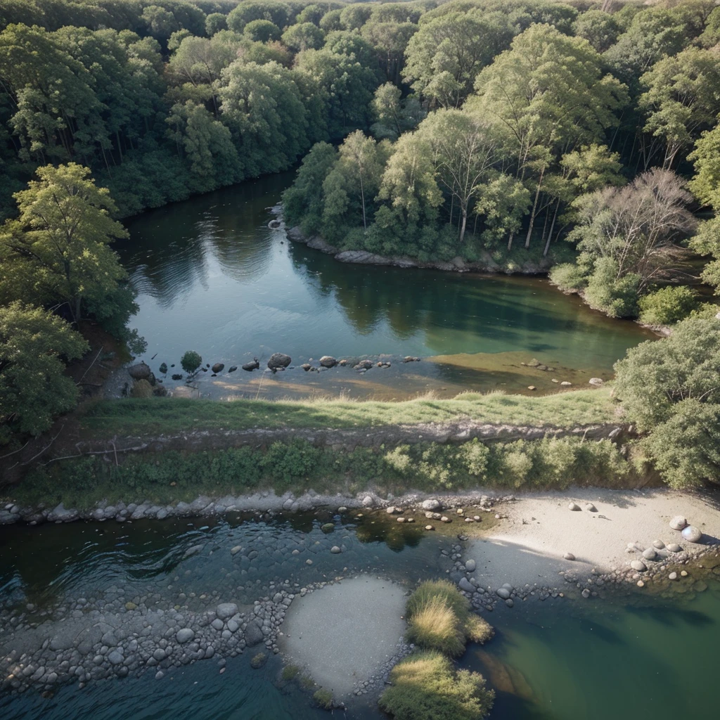 a vast forest with a diversity of trees and a river with crystal clear water and stones on the riverbank, with soft sunlight reflecting the currents perspective view from above the band from above