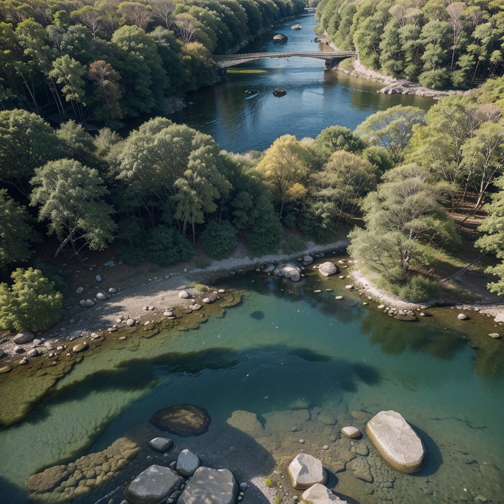 a vast forest with a diversity of trees and a river with crystal clear water and stones on the riverbank, with soft sunlight reflecting the currents perspective view from above the band from above