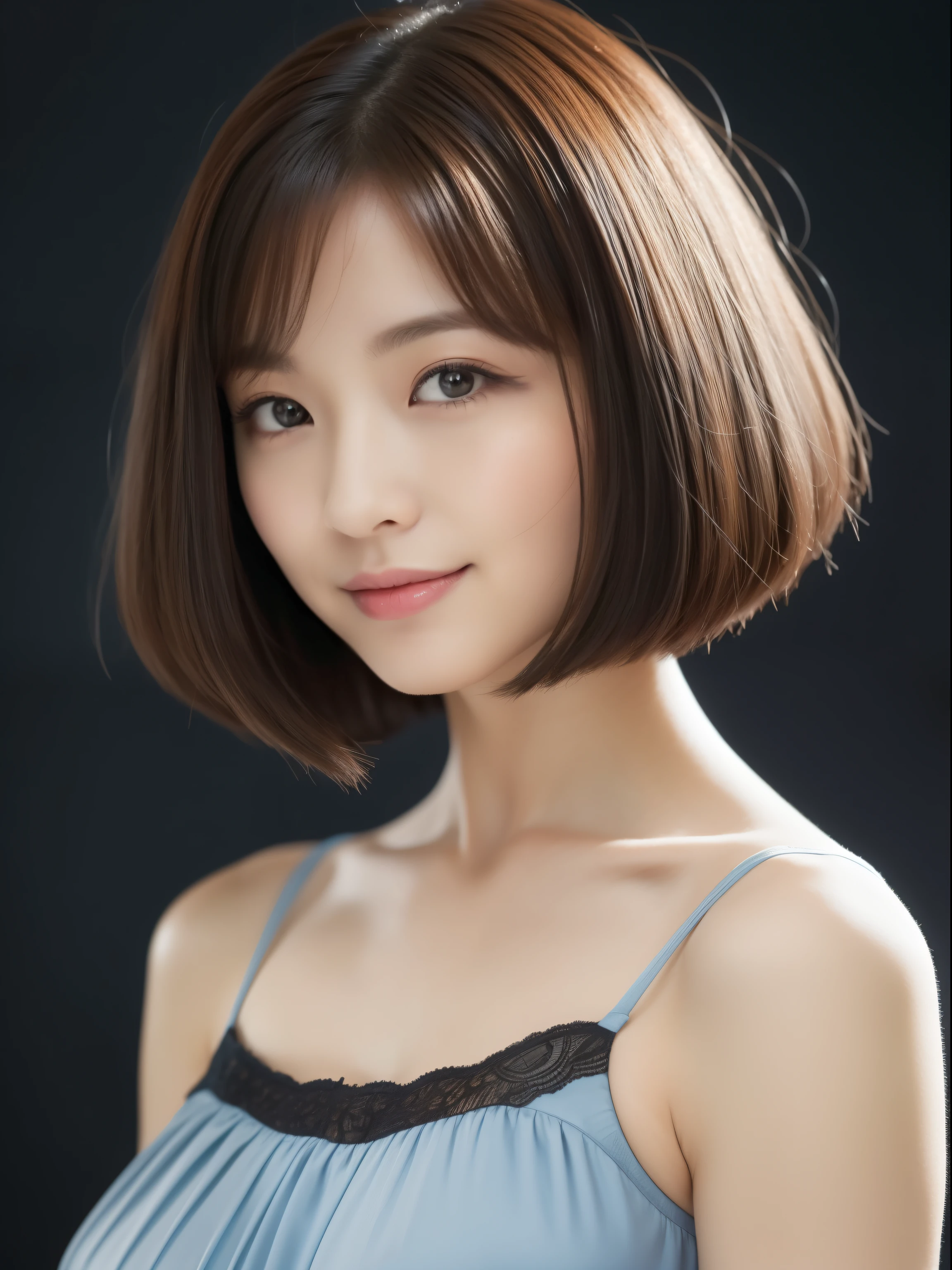 Beautiful 26 year old woman。She wears a tight camisole in light blue-gray satin fabric。Black lace at chest and hem..。kindly smile。Her dark brown hair is、Her hair is straight short bob hair。hight resolution、masterpiece、top-quality、headw:1.4、((Hasselblad photo))、Fine skin、fine knit、(电影灯光)、鎖骨