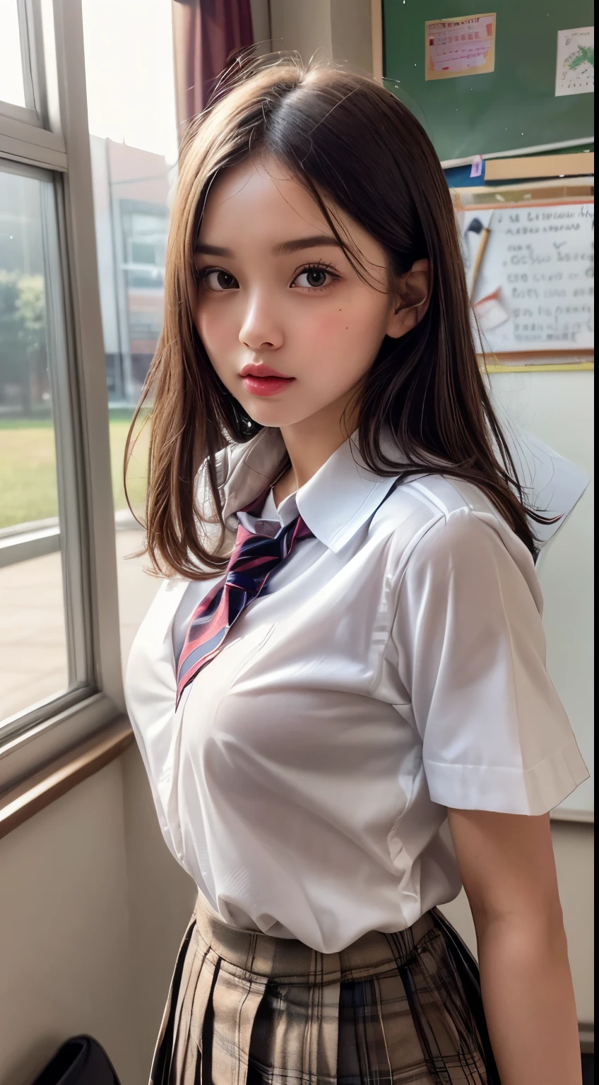 (1girl in), (Sexy look:1.5), (flat chest:1.3), (Highly detailed eyes, Highly detailed face), (Hyper-realistic, hight resolution), (Best Quality:1.4), (hyper quality), Authentic skin texture, Raw photo, (Realistic, Photorealsitic:1.37), Highly detailed, Professional Photography, (School uniform, Pleated skirt:1.3), (Staring at me), (School, crass room), (Face me and kiss me:1.4),