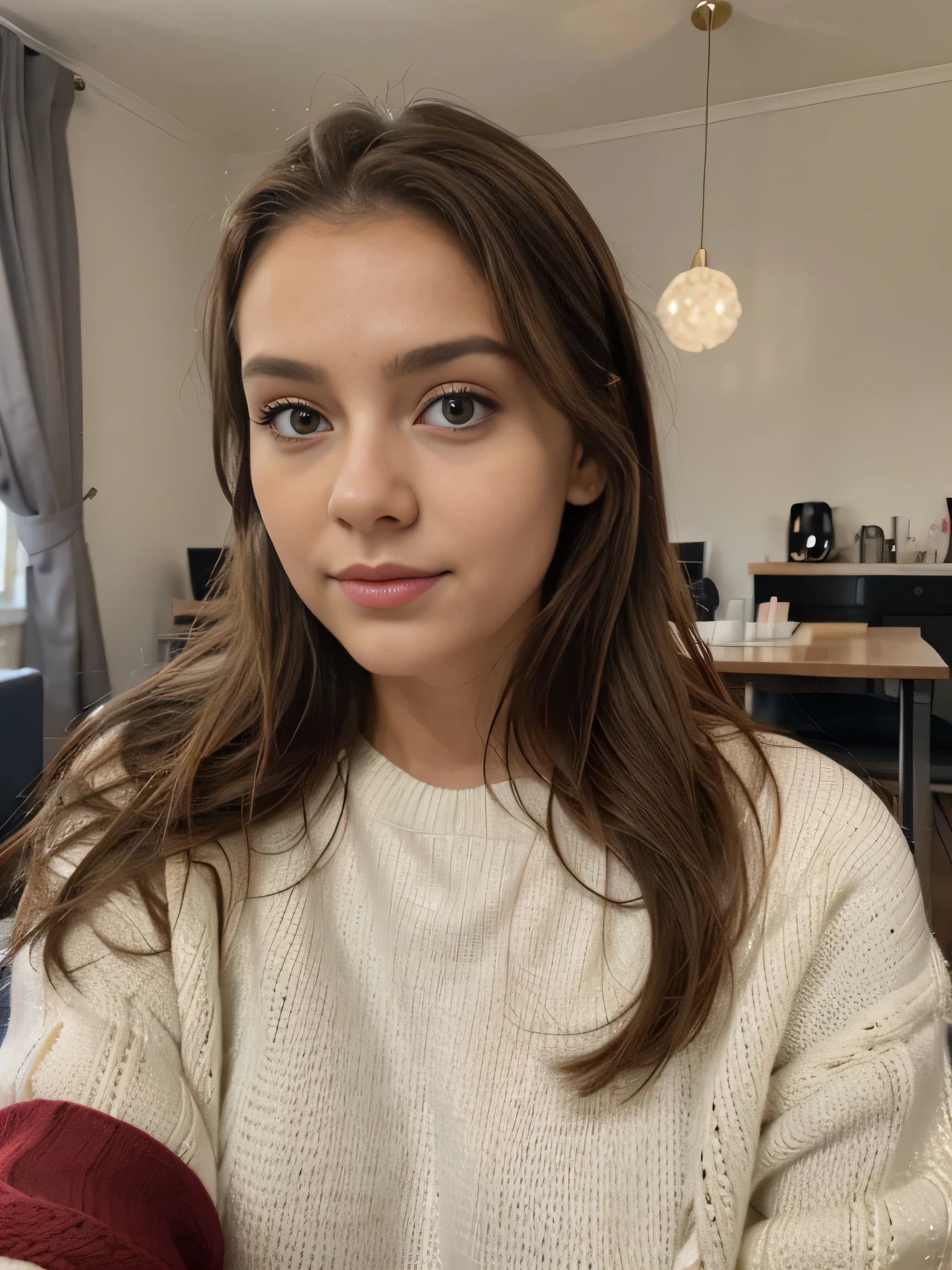 photo d&#39;Une femme brune de 20 ans, Here&#39;s a three-nature visa, Amendes à Lèvres, Yeux fins, sourcils fins, nez mince, earrings, Cils longs. Elle fait un joli selfie dans son salon, derrière lle il ya un beau spin de noël. She carries a pull from Noël.
