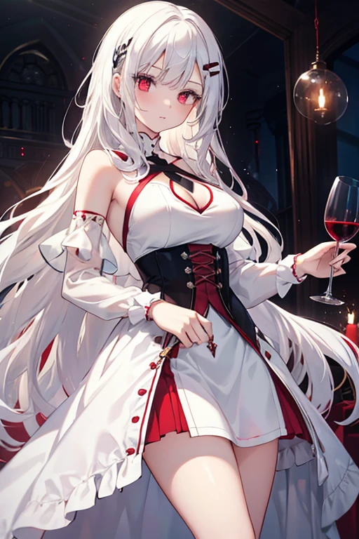 1girl, 18 years old, long white hair, glowing crimson eyes, white Solid Mock Neck Criss Cross Cut Out Split Thigh Dress, princess death, skull hair clip, serious, holding a wine glass, boobs, hour glass body.