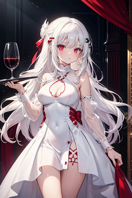 1girl, 18 years old, long white hair, glowing crimson eyes, white Solid Mock Neck Criss Cross Cut Out Split Thigh Dress, princess death, skull hair clip, serious, holding a wine glass, boobs, hour glass body.