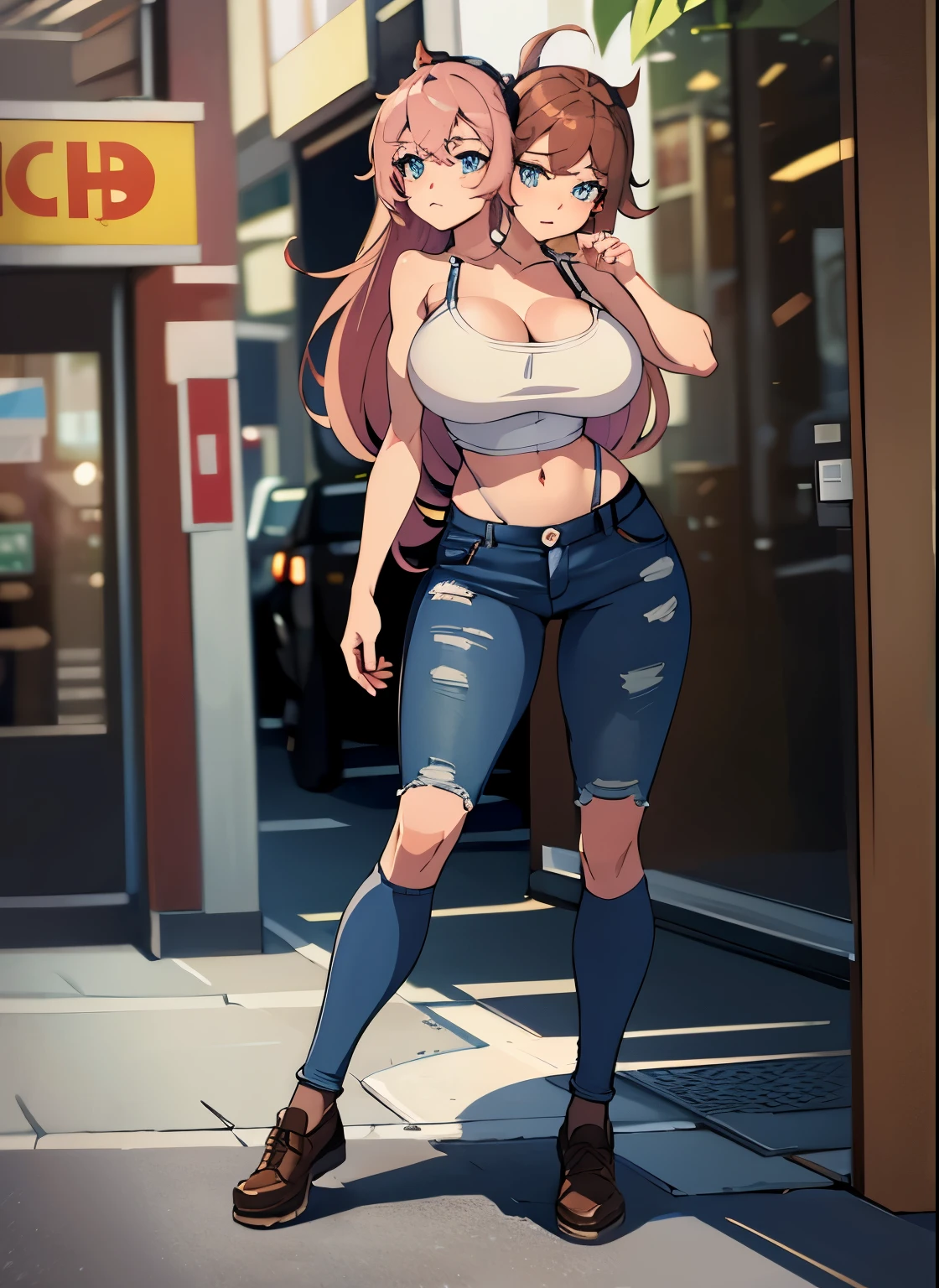 best quality, (masterpiece),(ultra-detailed), (high quality), (high resolution), (twins:1.5), pink hair, (brown hair), blue eyes, black tank top, blue jeans, shoes with long socks, ????????????
