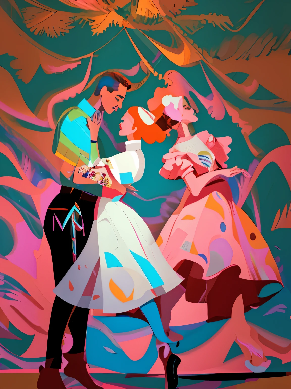 Photo of a man and a woman, Bachata Dance, Painting depicting two people, in style of digital illustration, by Olivia De Berardinis, by Zofia Stryjenska, Eva Frankmore, Dora Kereshtes, James Jean and Petra Cortright, inspired by Asaf Hanukkah, Tony Sart