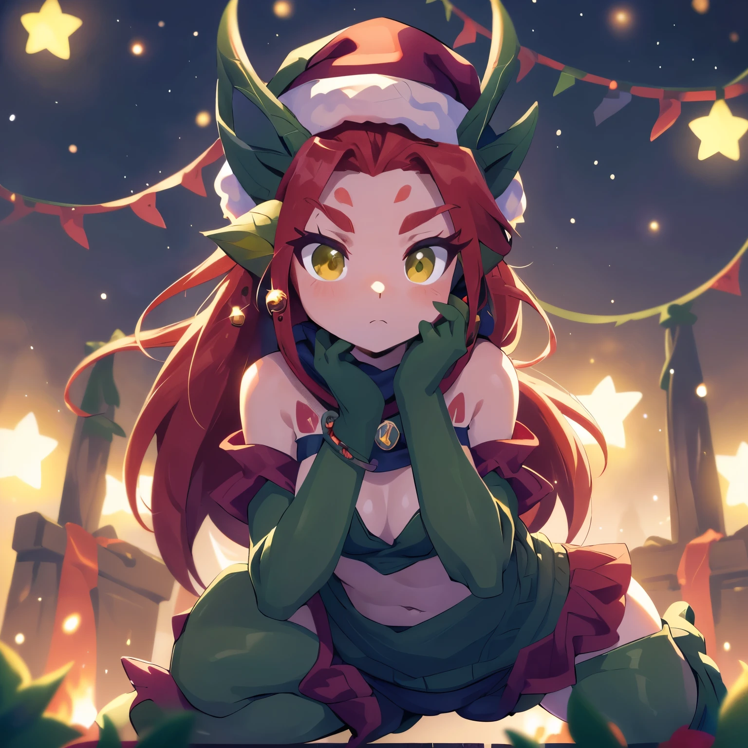 Zyra - El ascenso de las espinas - League of Legends, a high definition, 8k, Cara detallada, ((senos grandes)), delgado y delgado, body of equal proportion in his chest)), Vista aleatoria, cuatro dedos y 1 pulgar, ((2 manos, random body position, perspectiva aleatoria, seriedad, serious expression to the viewer, Mejillas sonrojadas, con un gorro de navidad y una bufanda,(La mejor calidad,4k,8k,Altas Resoluciones,obra maestra:1.2), ultra detallado, (realista,fotorrealista,foto-realista:1.37), Christmas elements, Santa hat placed on head.., Christmas scarf around the neck..., Ambiente festivo, Acogedora escena invernal, Nevadas suaves, warm glow from the fireplace, decorations hanging from the christmas tree, luces de colores parpadeando, regalos envueltos con lazos brillantes, magical feeling in the air, cozy knitted sweaters and scarves, Estrellas centelleantes en el cielo nocturno, santa's trineo volando por el aire., reno tirando del trineo, Christmas sweater dress and pants, christmas gloves. boots, hat, Christmas village, red hair, mature