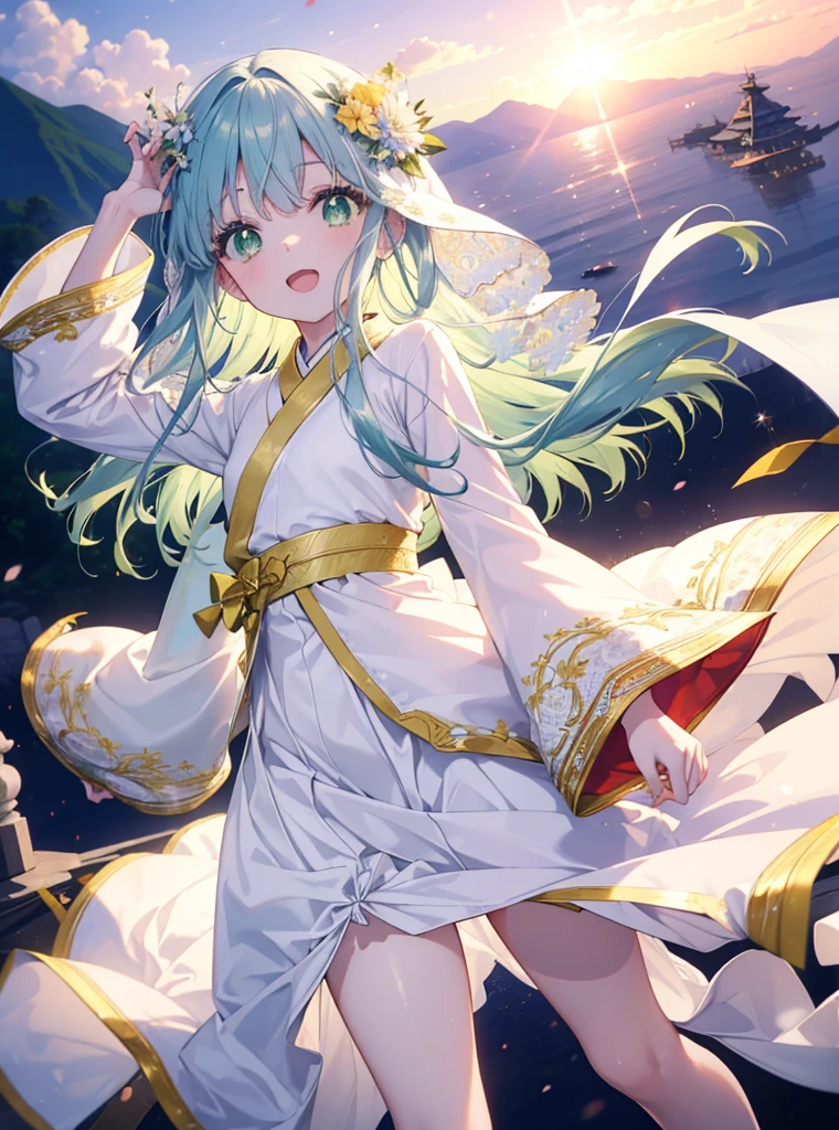 index, index, (Green eyes:1.5), Blue hair, Long hair, (flat chest:1.2),Upper body,Floral hair ornament， Tie up your back hair，fullllbody,Romper，Kimono with white，Furisode，a miniskirt，white knee high socks short boots，a smile，The sun begins to rise，Sunrise，Happy atmosphere，Looks happy，(Huge laughter:1.1)、(Opening Mouth:1.1)、(widely opened eyes:1.2)、Sun glare，Festival of Japan，Romper (masutepiece:1.2), Best Quality, High resolution, Unity 8k壁纸, (Illustration:0.8), (Beautiful detailed eyes:1.6), extra detailed face, Perfect Lighting, extremely details CG, (Perfect hands, Perfect Anatomy),