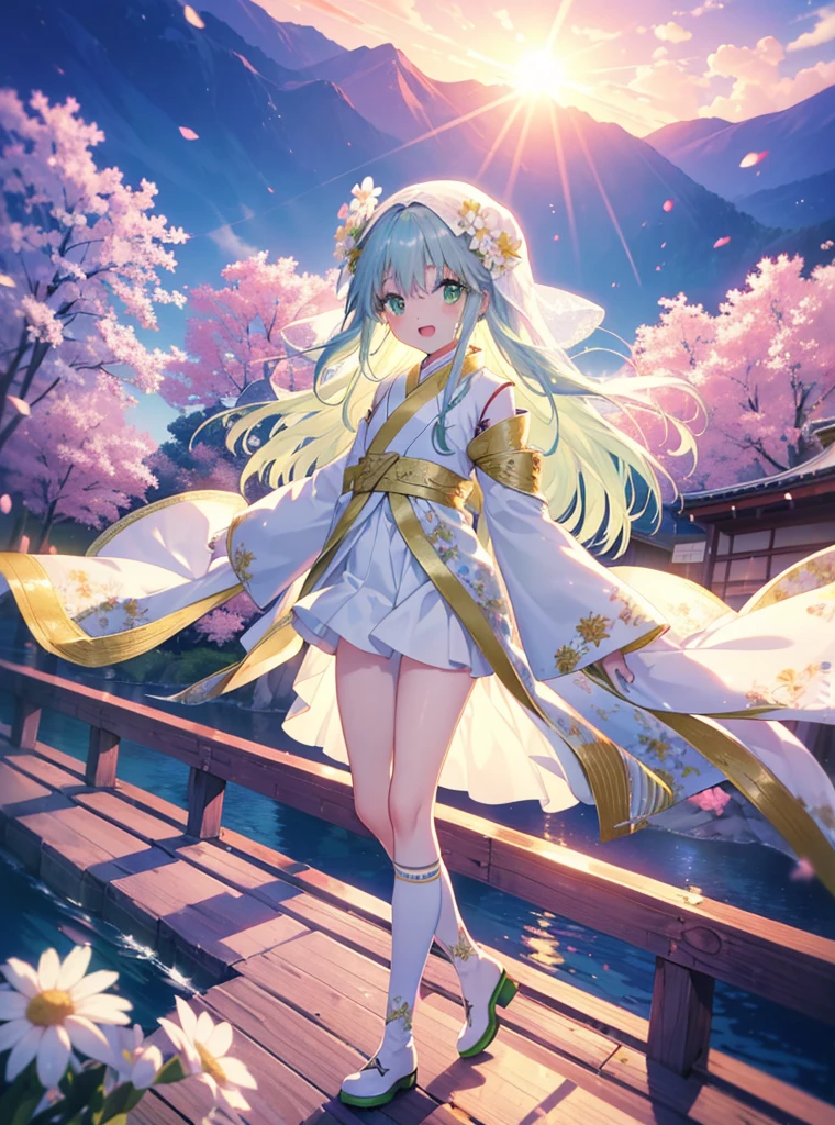 index, index, (Green eyes:1.5), Blue hair, Long hair, (flat chest:1.2),Upper body,Floral hair ornament， Tie up your back hair，fullllbody,Romper，Kimono with white，Furisode，a miniskirt，white knee high socks short boots，a smile，The sun begins to rise，Sunrise，Happy atmosphere，Looks happy，(Huge laughter:1.1)、(Opening Mouth:1.1)、(widely opened eyes:1.2)、Sun glare，Festival of Japan，Romper (masutepiece:1.2), Best Quality, High resolution, Unity 8k壁纸, (Illustration:0.8), (Beautiful detailed eyes:1.6), extra detailed face, Perfect Lighting, extremely details CG, (Perfect hands, Perfect Anatomy),