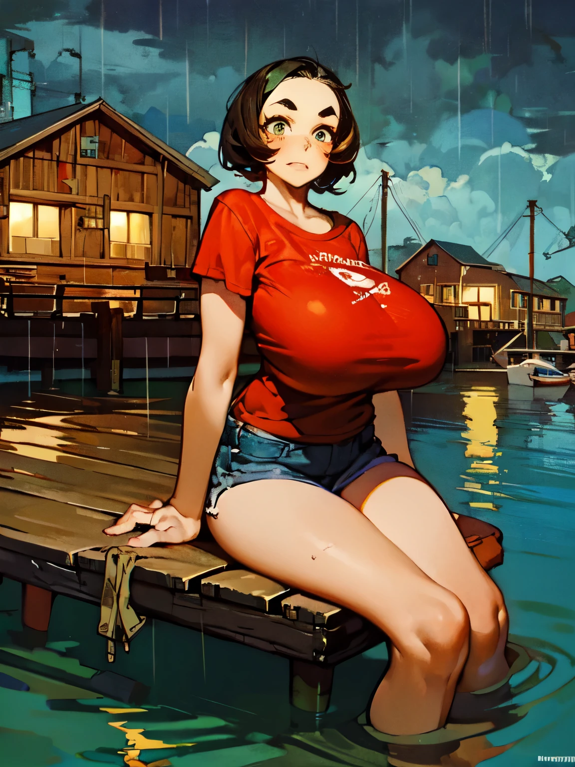 (1 girl) (masterpiece, best quality) woman in a colorful graphic designer t shirt sitting on a dock, , ,  , stormy dark sky, raining, , extreme detail on face
(), large forehead, large dark eyebrows, large nose, wide chin
(Breasts covering entire torso)
normalized chounyuu ((safe for work:1.3) ((huge breasts)) ((breasts covered bt shirt)),  by norman Rockwell