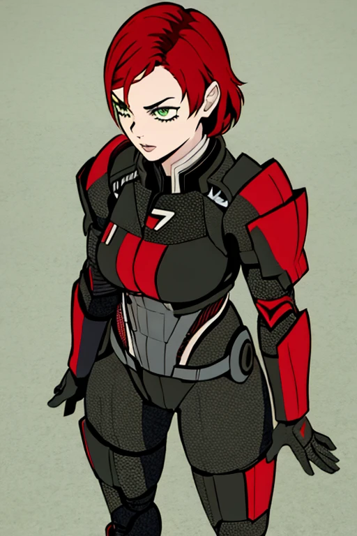 kimetsu no yaiba style,1girl, solo, Jane Shepard, FemShep, short hair, red hair, green eyes, black power armor, N7, anime colorinasterpiece