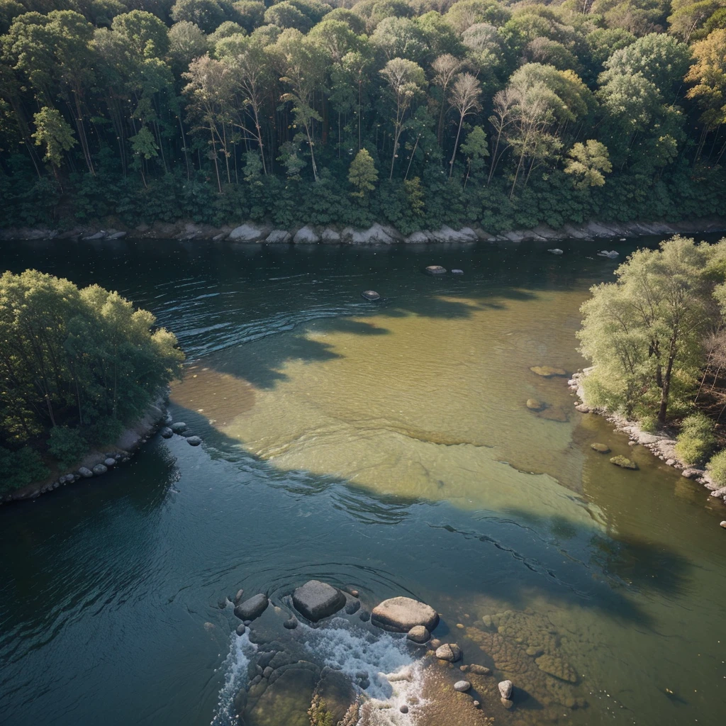 a vast forest with a diversity of trees and a river with crystal clear water and stones on the riverbank, with soft sunlight reflecting the currents causing sparkles in the water perspective view from above the band from above