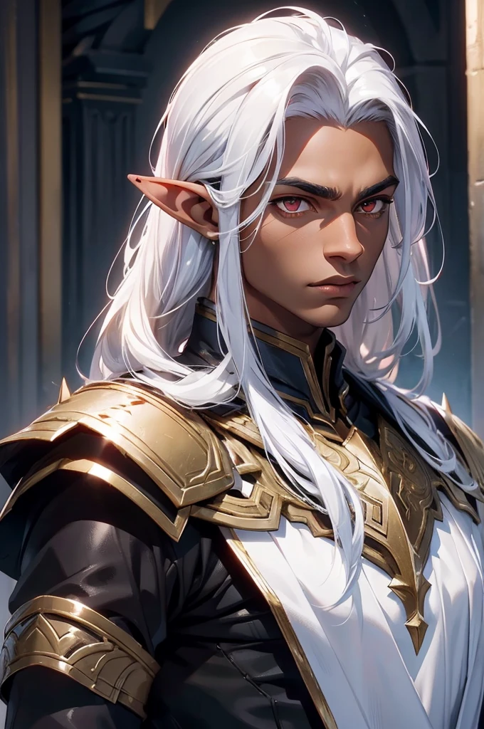 Half elf male, wearing paladin armor, Dark Skin, portrait, red eyes, silver medium spiky hair with slicked back bangs facing foward