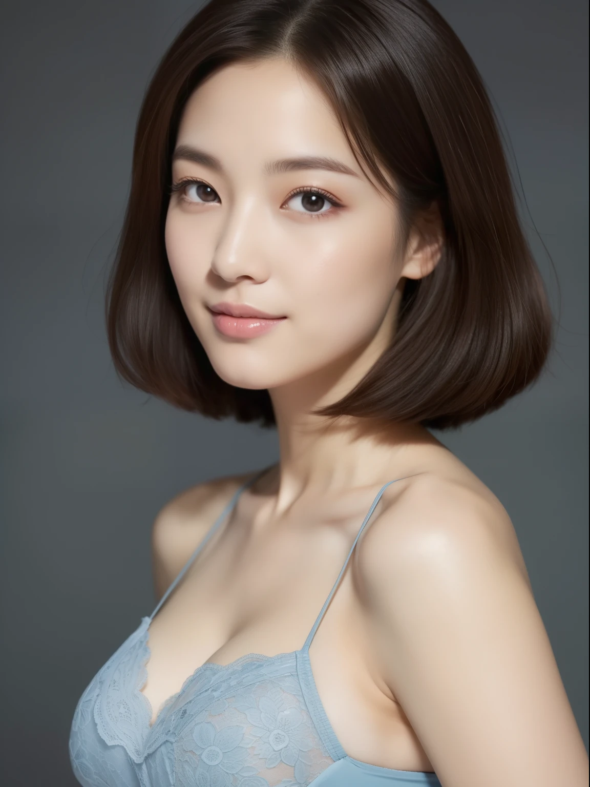 Beautiful 26 year old woman。She wears a tight camisole in light blue-gray satin fabric。Black lace at chest and hem.。kindly smile。Her dark brown hair is、Her hair is straight short bob hair。hight resolution、masterpiece、top-quality、headw:1.4、((Hasselblad photo))、Fine skin、fine textured knit、(电影灯光)、鎖骨