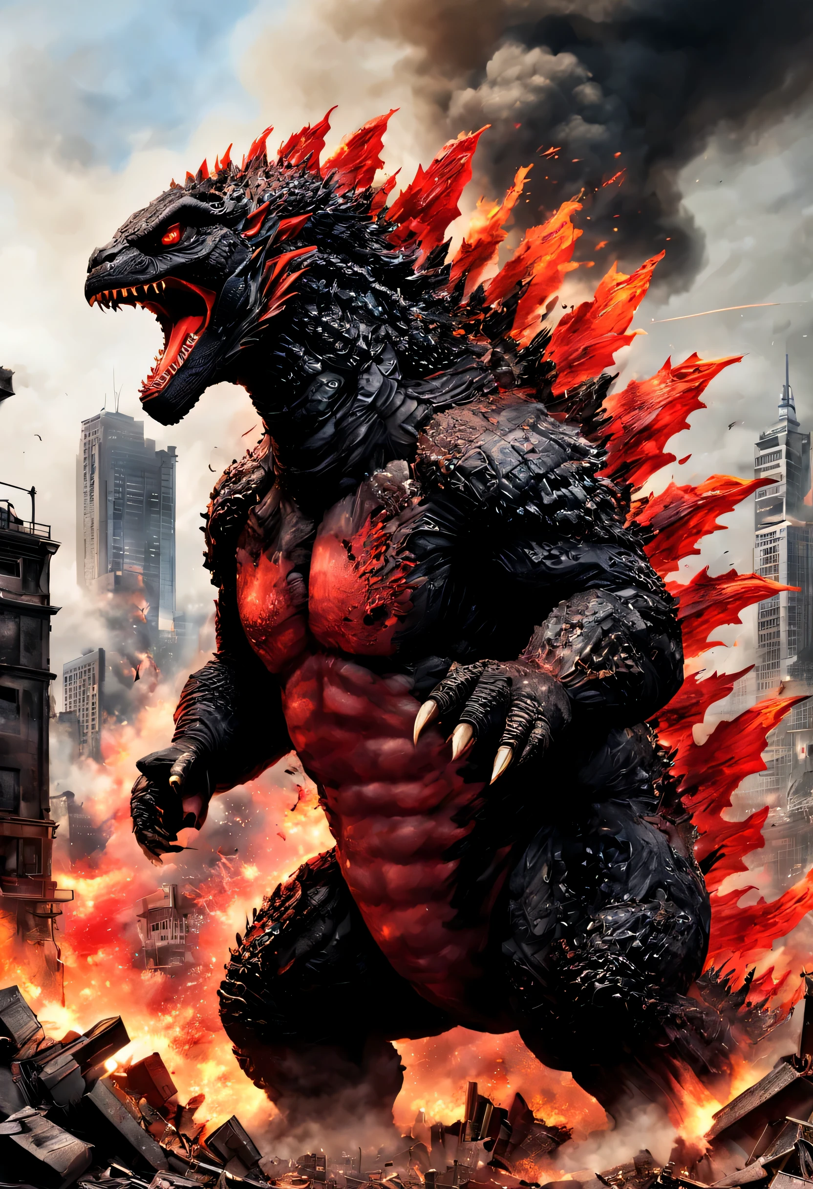 highest qualityr、Calidad de imagen superior、obra maestra、Kaiju((Torso negro、red body line、apariencia espinosa、estilo godzilla、Escupir fuego por la boca.,)),HiQuality、arte hermoso、Antecedentes con(( Ciudad en llamas、collapsed building explosion explosion flight、battle tank station parts、Profundidad de campos,