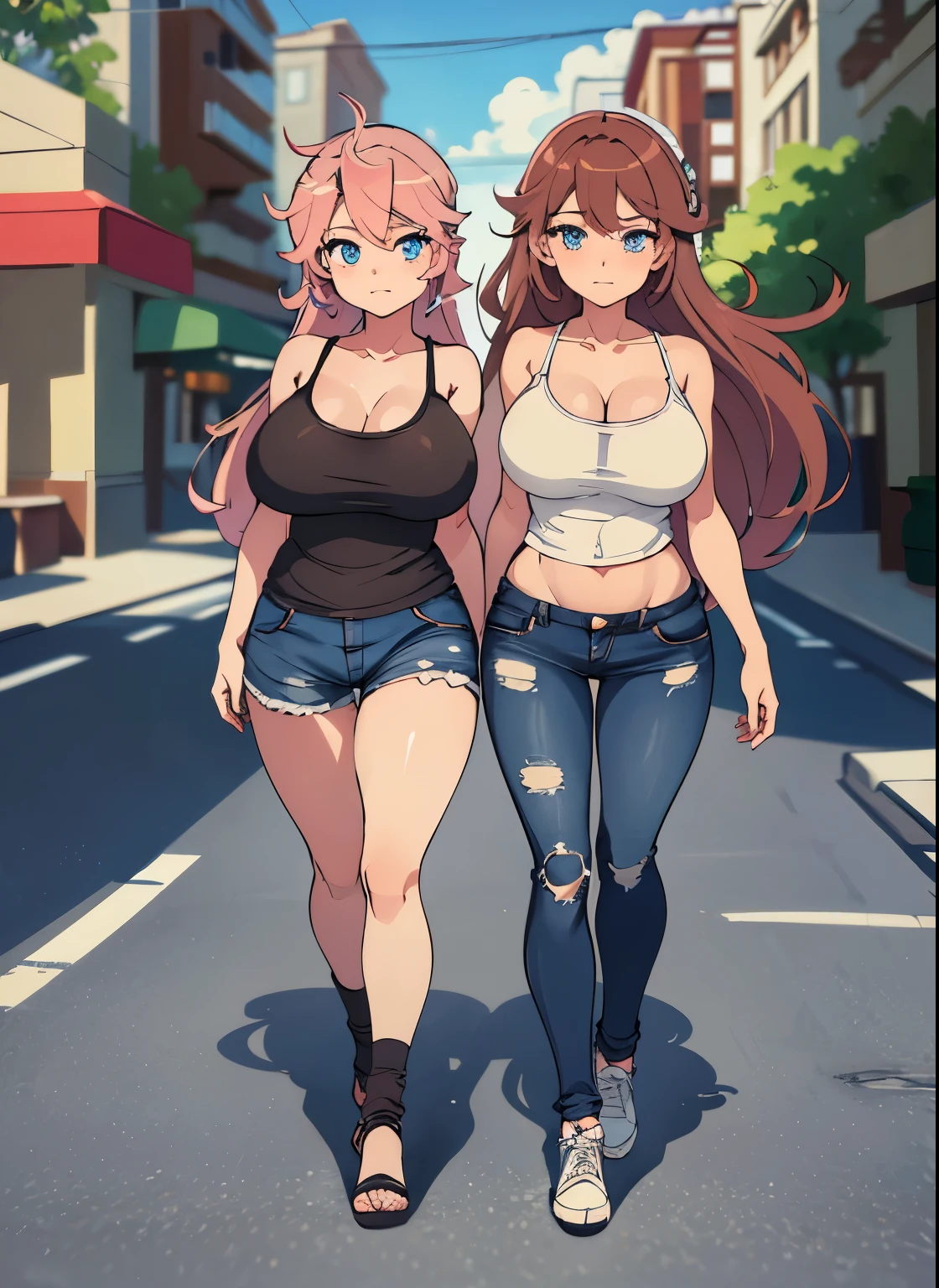 best quality, (masterpiece),(ultra-detailed), (high quality), (high resolution), (twins:1.5), pink hair, (brown hair), blue eyes, black tank top, blue jeans, shoes with long socks, huge breasts