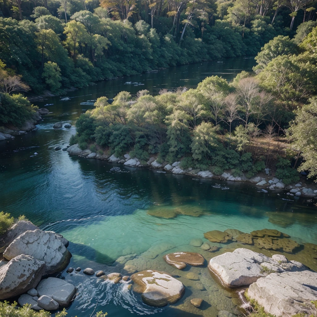 a vast forest with a diversity of trees and a river of sparkling crystal clear water and rocks on the riverbank, with soft sunlight reflecting the currents causing sparkles in the water perspective view from above the band from above
