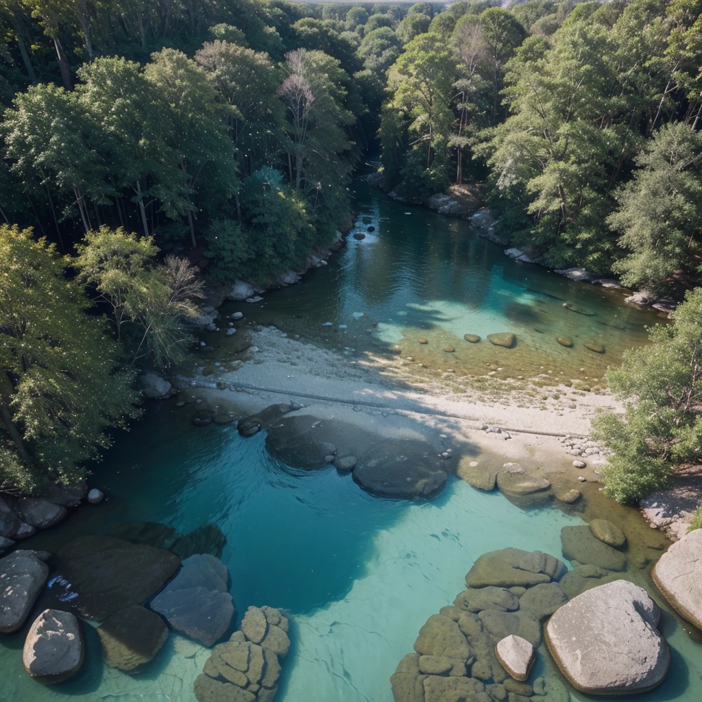 a vast forest with a diversity of trees and a river of sparkling crystal clear water and rocks on the riverbank, with soft sunlight reflecting the currents causing sparkles in the water perspective view from above the band from above
