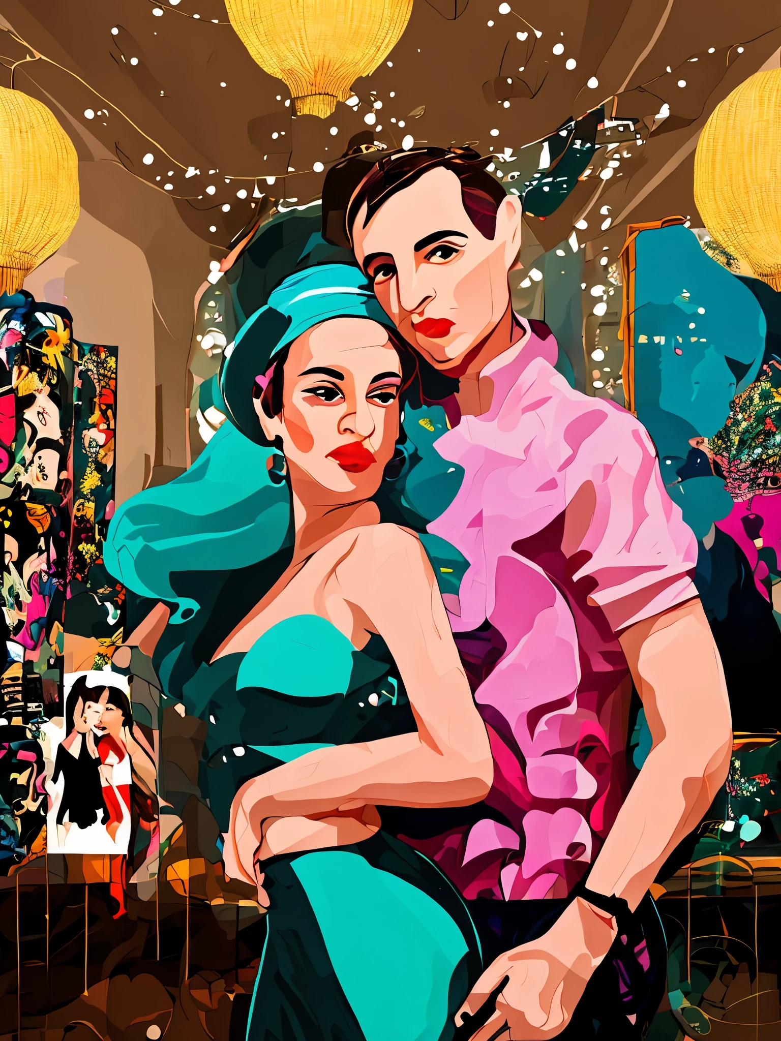 Photo of a man and a woman, Bachata Dance, Painting depicting two people, in style of digital illustration, by Olivia De Berardinis, by Zofia Stryjenska, Eva Frankmore, Dora Kereshtes, James Jean and Petra Cortright, inspired by Asaf Hanukkah, Tony Sart