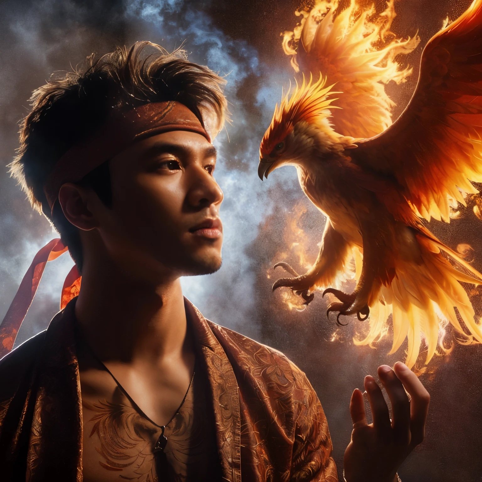 ((Perfectly insane textured)), ((Perfect proportional object arcithecture)), ((Perfect photo)), ((Super ekstremely detiled)), ((best quality)), ((masterpiece)), (bright face), arafed man with a bird on his head and a smokey background, ross tran and michael whelan, phoenix warrior, marco the phoenix, ross tran and bayard wu, inspired by Rudy Siswanto, ross tran 8 k, edgar maxence and ross tran, phoenix rising, wlop and ross tran, fiery bird, phoenix-inspired