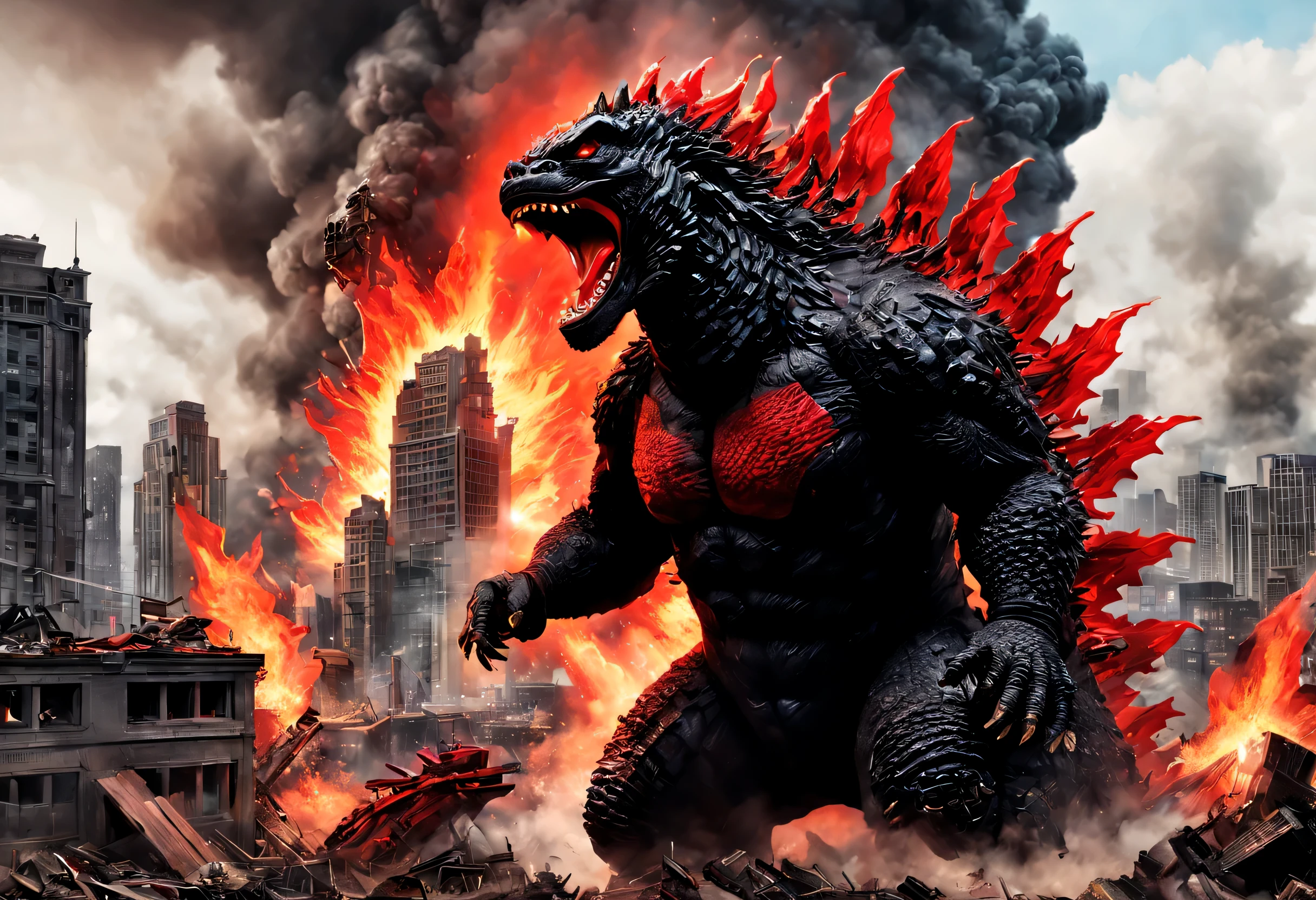 highest qualityr、Calidad de imagen superior、obra maestra、Kaiju((Torso ?????、red body line、apariencia espinosa、estilo godzilla、Escupir fuego por la boca.,)),HiQuality、arte hermoso、Antecedentes con(( Ciudad en llamas、collapsed building explosion explosion flight、battle tank station parts、Profundidad de campos,
