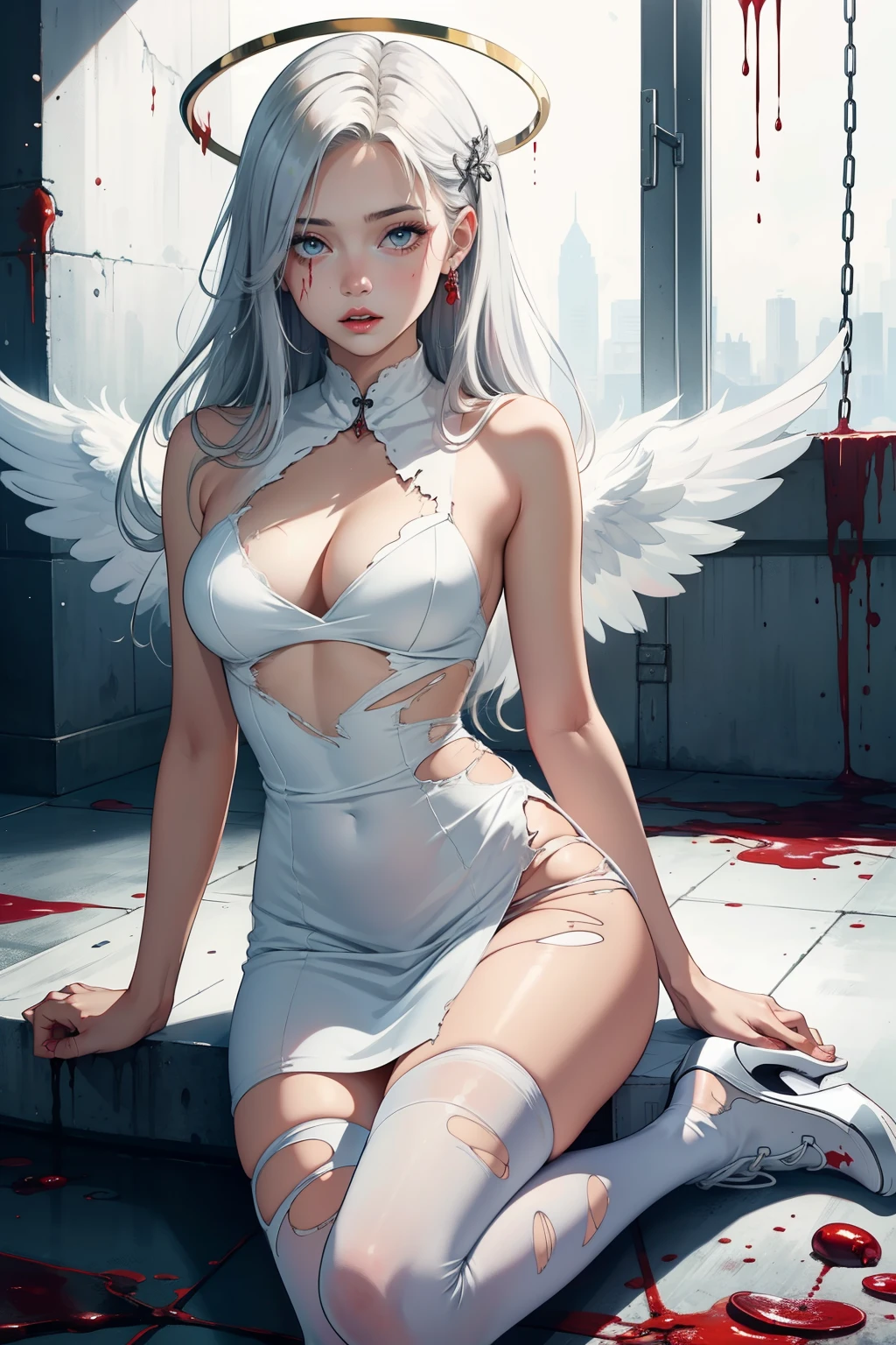 ((best quality)),((perfect face)),1 girl,angel,angel huge wings,halo on her head,long white hair,pale blue eyes,long white eyelashes,pale skin,full pink lips, ((torn white dress)),white heels,((torn white tights)),chains,restrictive chains,blood,blood on clothes,blood on the floor,blood on skin,open wounds,large breasts,small waist,