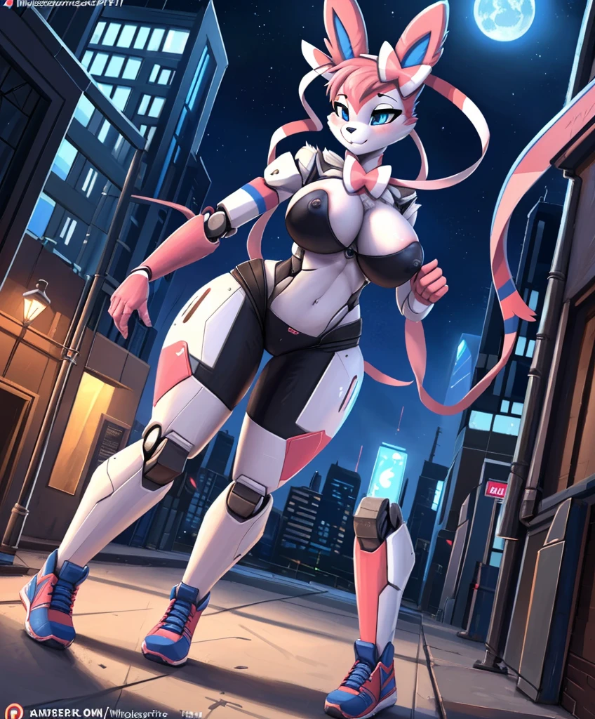 by whisperfoot, burgerkiss, fluff-kevlar, Zackary911, Kenket, Kilinah, Zackary911, (((Sylveon, woman, breasts, antrum, extremely detailed, extremely detailed legs, extremely detailed arms, extremely detailed face, perfectly detailed eyes, perfectly detailed anatomy))): 1.2, solo, perspective, curved thighs, wide hips, thick thighs, d cup mecha breasts, curvature, (robotic, high-tech, android, mechanical), look from down, In_the_city, (sfw), (exposing), (thick fur), cute, (night), sidewalk,full body sneakers