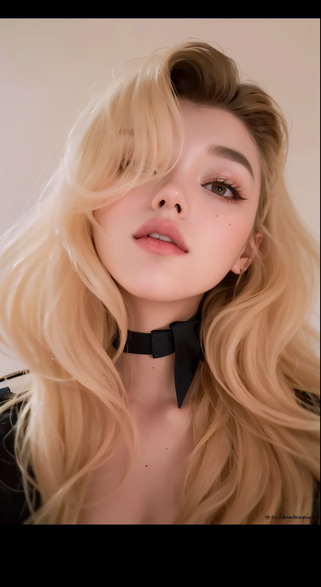 Mujer rubia con pelo largo y estrangulador posando para una foto., Retrato de Kim Petras, Ava Max, con gargantilla negra, usando una intrincada gargantilla negra, Imagen de perfil, usando gargantilla, imagen de muy muy muy baja calidad, Kailee Mandel, Katherine McNamara inspirada, con gargantilla dorada detallada, Amapola, Cuello ampliado de labios hacia abajo, Al estilo de Petra Collins