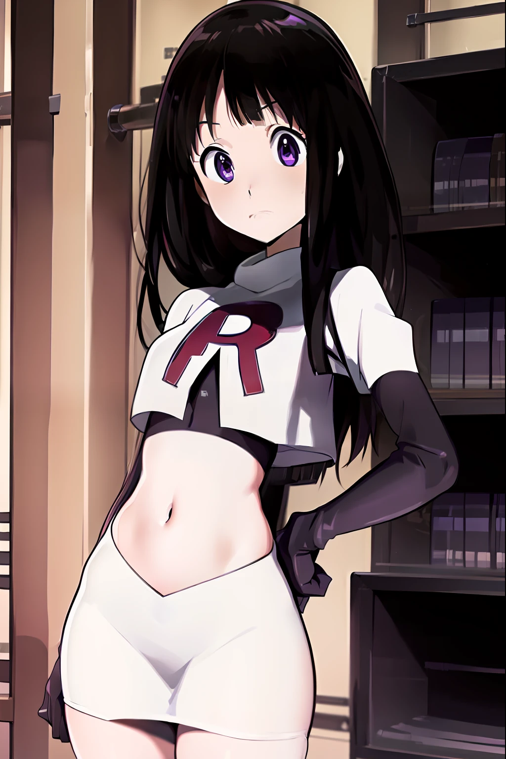 ((masterpiece,best quality,ultra detailed)),purple eyes,black hair,((cute,anime)),curious,detail eyes,team rocket,team rocket uniform,white skirt,red letter R,crop top,black thigh-highs,black elbow gloves,